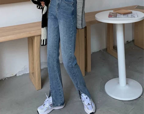 小个子高腰百搭加绒裤微喇开叉牛仔裤女春秋装...