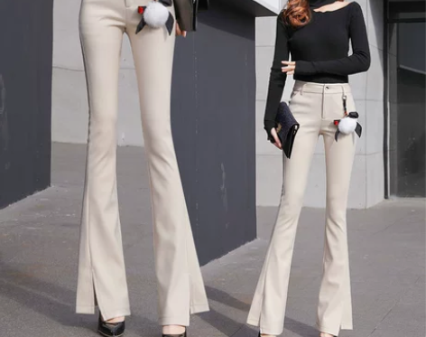 女裤2022秋冬喇叭裤女加厚高腰米白色毛呢...