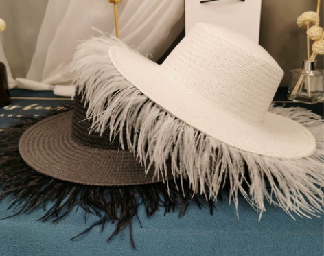 名媛复古羽毛平顶草帽气质女神流苏大檐帽百搭...