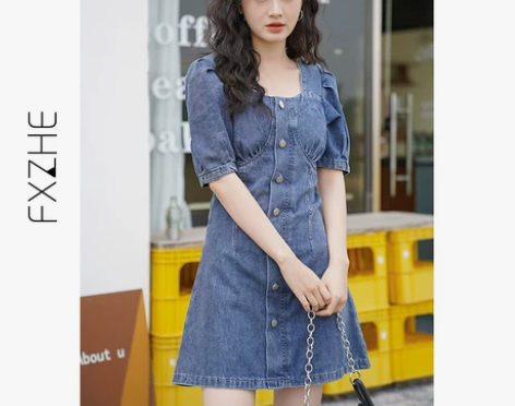 牛仔连衣裙女夏法式小众复古气质收腰小个子泡...