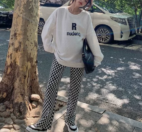 加绒黑白棋盘格裤子女秋冬宽松休闲直筒阔腿裤...