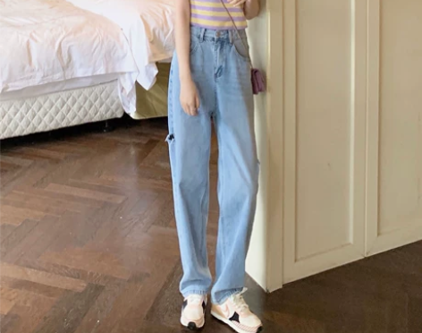 高腰破洞牛仔裤女直筒宽松2021春夏新款显...