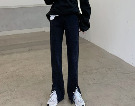 【38活动价】高腰黑色开叉牛仔裤女直筒宽松...