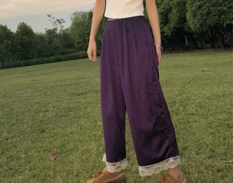 紫色裤子女宽松欧洲站bf风欧美复古温柔风阔...