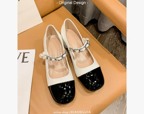 巧克力玛丽珍鞋女一字带魔术贴链条中粗跟单鞋...