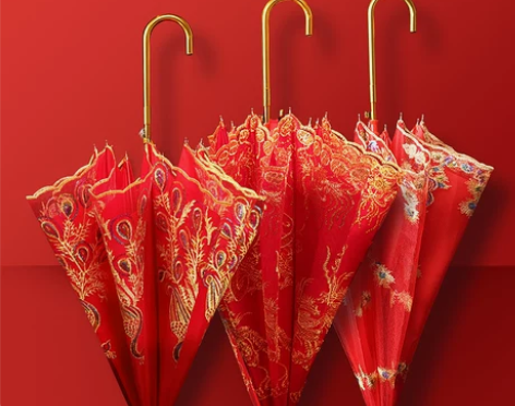 红伞婚庆结婚出嫁伞蕾丝花边刺绣长柄中式婚礼...