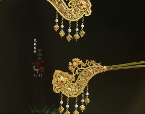 汉服[静尘轩]一对银鎏金花丝嵌深海红宝石 ...