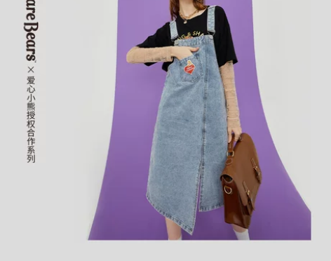 【爱心小熊联名款】妖精的口袋减龄牛仔背带裙...