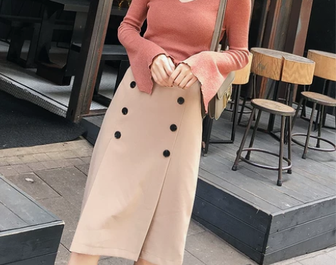 A-MIN双排扣高腰开叉半身裙中长款复古a...