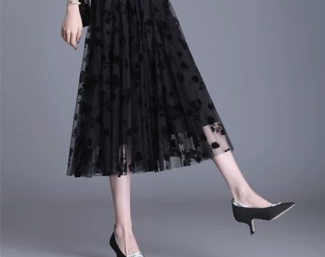 网纱双面植绒半身裙女春季2021新款高腰显...