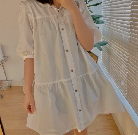 SLY新款宽松荷叶边泡泡袖连衣裙女030E...