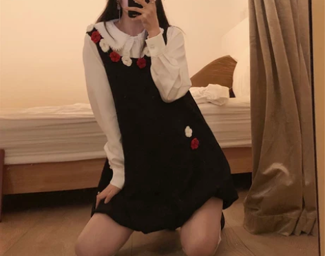 PDSZR 背心裙子黑色复古法式少女花苞裙...