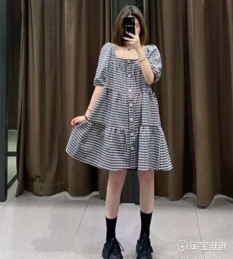 秋季复古格纹方领花苞裙女收腰木耳边短袖连衣...