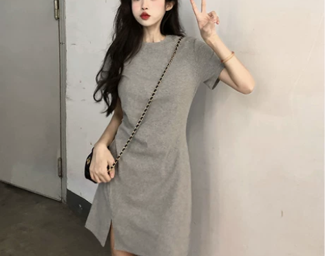 纯棉t恤裙子女夏季性感辣妹短袖收腰开叉连衣...