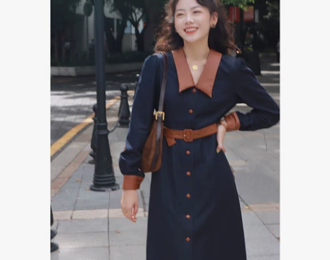 许大晴 复古港风仿牛仔连衣裙女秋季撞色高腰...