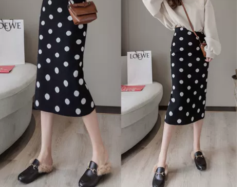 秋冬高腰波点中长款半身裙港风复古圆点显瘦开...