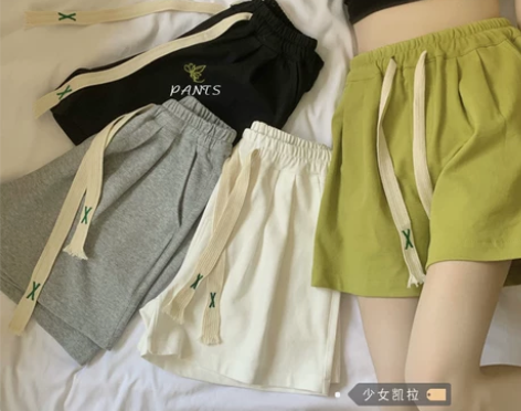 复古抽绳绿色休闲裤女夏季2022新款高腰显...