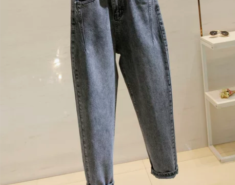 潮牌烟灰色高腰哈伦加绒牛仔裤女秋冬韩版宽松...