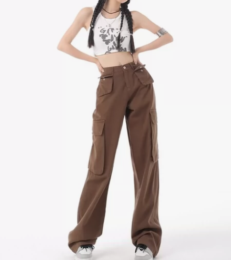 美式辣妹深棕色工装牛仔裤女春秋款高腰宽松阔...