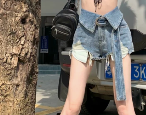 辣妹复古破洞牛仔裤女秋季ins潮短裙高腰显...
