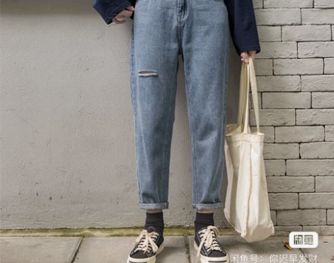 奶兔星球-自制 低腰破洞牛仔裤女宽松显瘦萝...