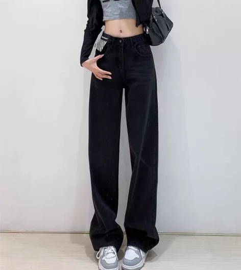 高腰黑色牛仔裤女直筒宽松春秋小个子高街潮i...