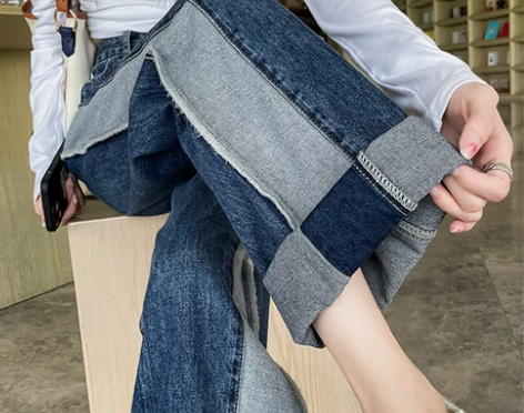 拼接阔腿牛仔裤女2022年春秋新款高腰直筒...