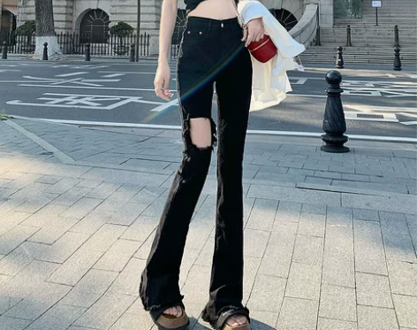 2022夏季薄款黑色高腰破洞牛仔裤女韩版百...