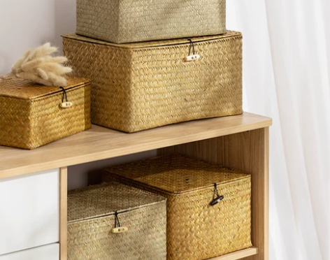 日式藤编收纳筐编织收纳盒桌面收纳框草编收纳...