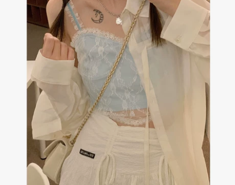 財哥不熬夜蓝色蕾丝吊带背心辣妹上衣女夏季外...