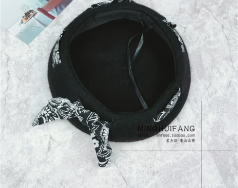 韩国腰果花羊毛呢贝雷帽女秋冬天街头蝴蝶结绑...