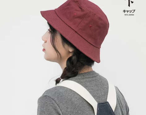 酒红色小檐渔夫帽女夏季韩版日系百搭短檐盆帽...
