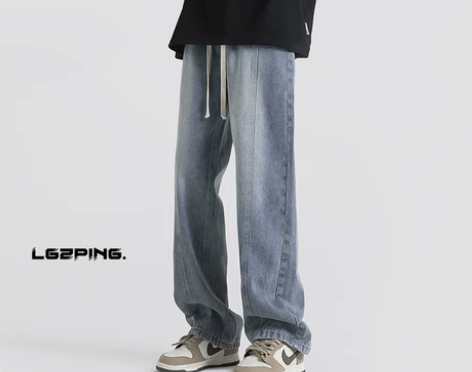 牛仔裤男 牛仔裤子美式抽绳松紧腰男款ove...