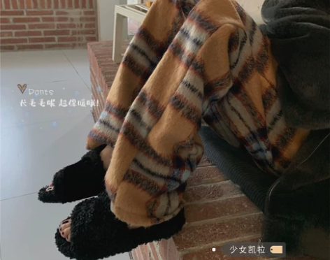 复古格子毛呢休闲裤女装2022秋冬新款宽松...