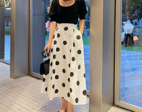 波点半身裙中长款夏款薄款赫本风a字裙显瘦高...