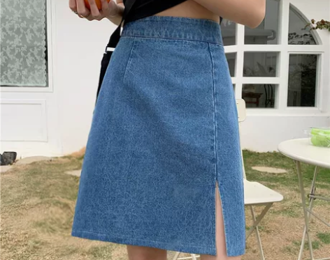 侧开叉牛仔半身裙女大码浅蓝高腰韩版a字裙百...