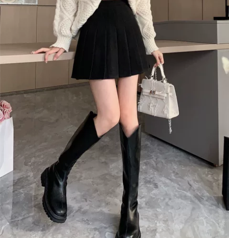 新款黑色毛呢百褶裙女秋冬季小个子高腰显瘦A...