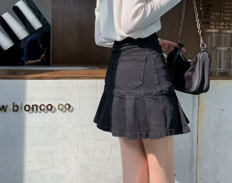 黑色牛仔短裙女超短高腰裙子半身裙a字百褶裙...