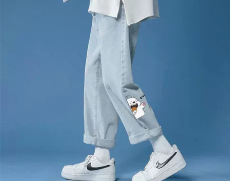 深蓝色牛仔直筒牛仔裤男潮牌涂鸦休闲长裤潮大...