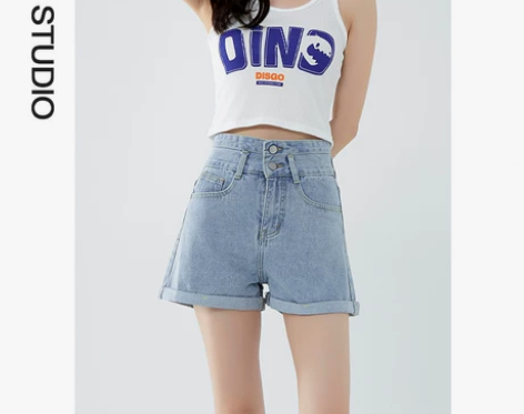 泷萝双扣高腰牛仔短裤女夏季薄款2022年新...