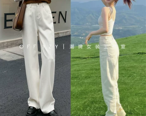 韩国春秋冬季白色阔腿牛仔裤女加绒加厚小个子...