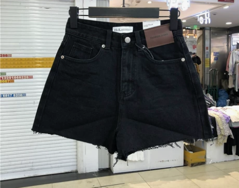OLOL833正品高腰显瘦阔腿毛边黑色牛仔...