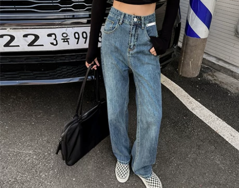 天姿优雅高腰阔腿牛仔裤女2022春秋宽松显...