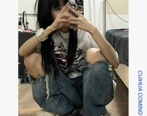阔腿破洞牛仔裤女夏季宽松直筒hiphop炸...