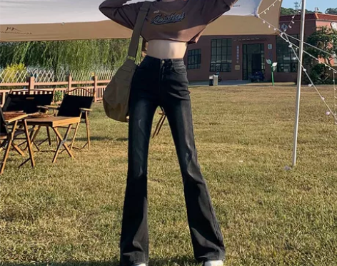 LHDA灰色高腰喇叭牛仔裤女2022年新款...