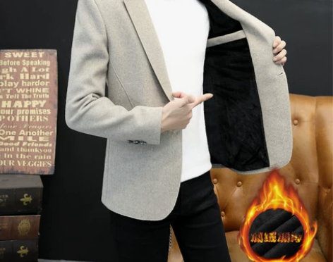 男士加绒加厚小西装修身秋冬季毛呢外套韩版休...