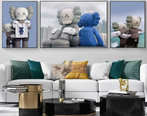 客厅装饰画kaws三联画现代轻奢沙发背景墙...
