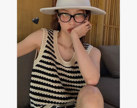 Ayuko 黑白条纹镂空针织背心女2022...