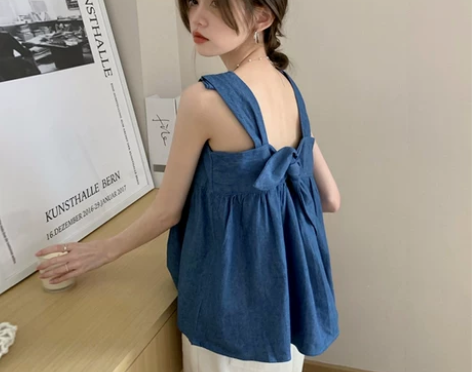 蝴蝶结牛仔吊带背心女夏季设计感小众网红爆款...