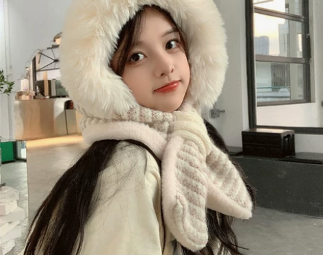 秋冬季日系可爱毛绒护耳围巾帽子一体针织加绒...